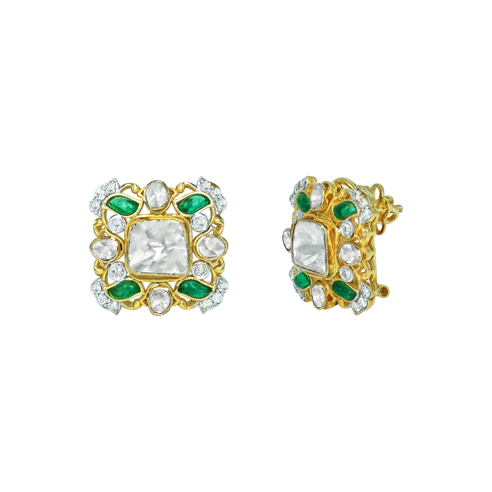 Square Polki Earrings with Emerald Leaves and Gold Filigree